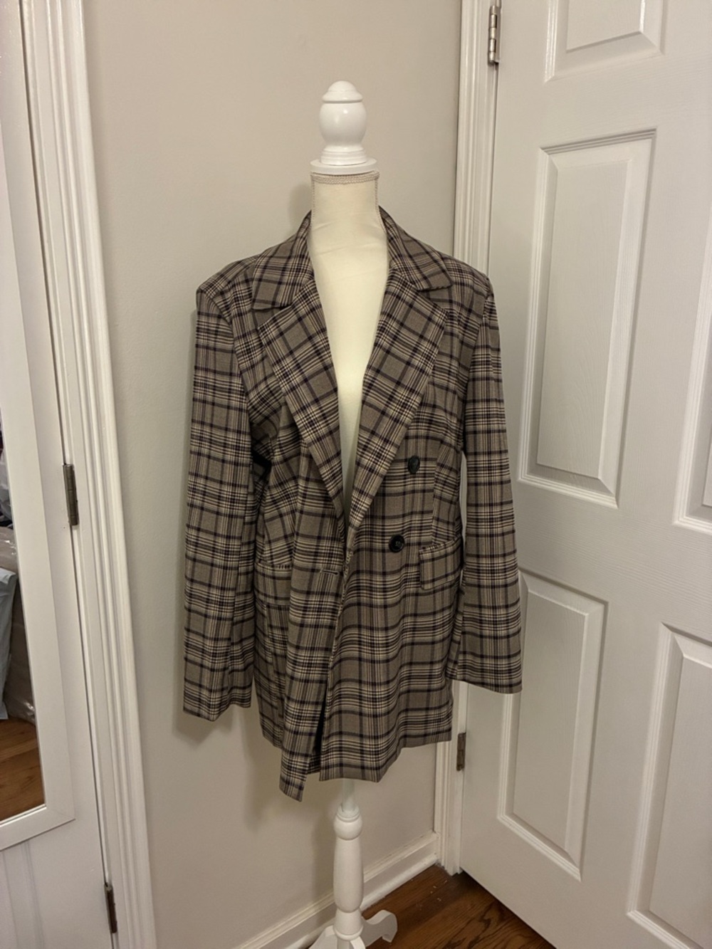 JustFab Taupe and Black Plaid Double-Breasted Blazer